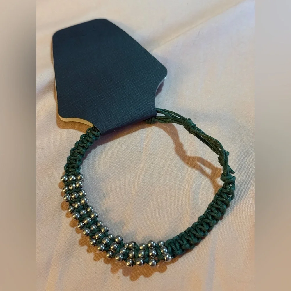 Green Braided Bracelet with Silver Beads